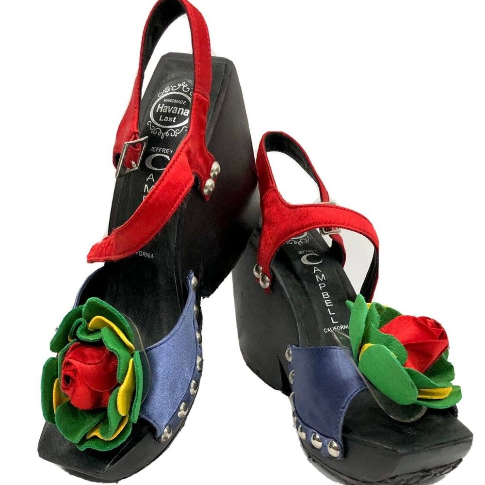 Jeffrey Campbell Havana Last Blue Red Blk Yellow GreenFloral Platform Wedge sz5M